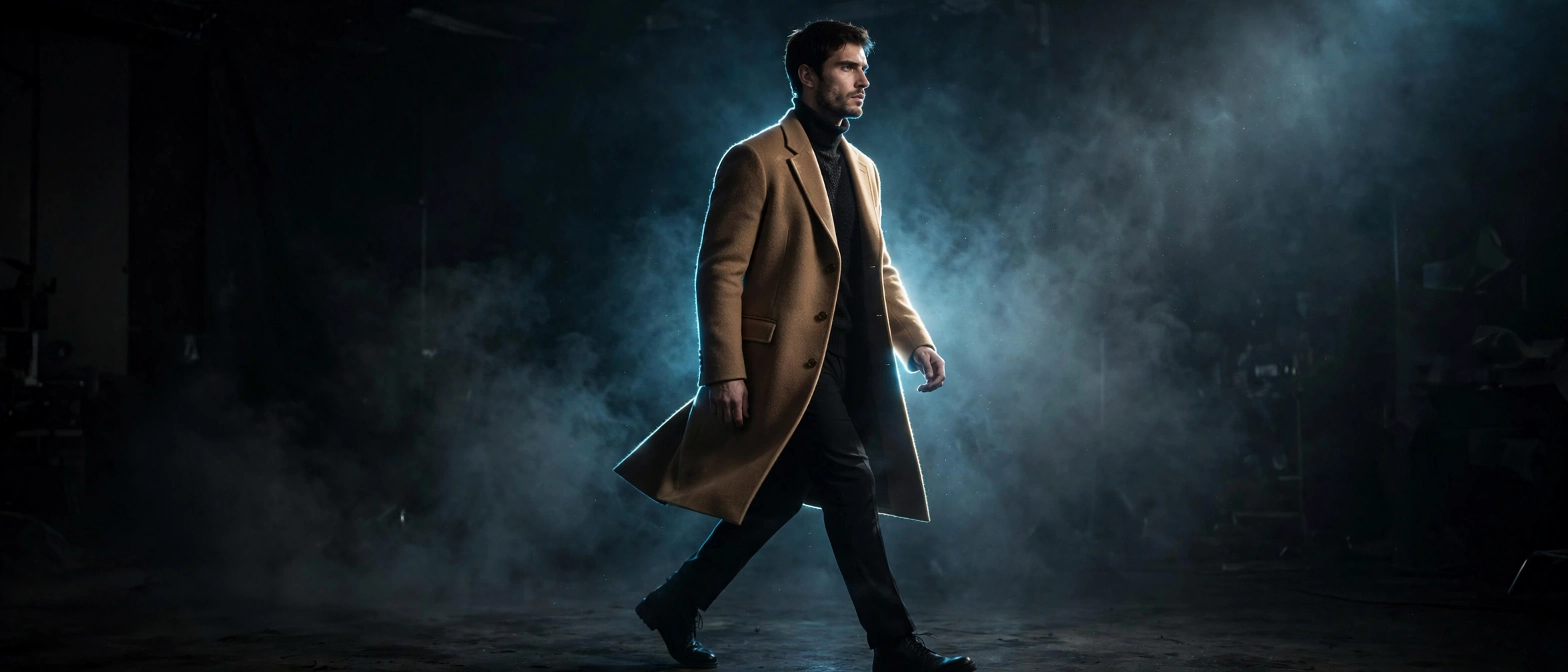 Model in a tailored camel overcoat